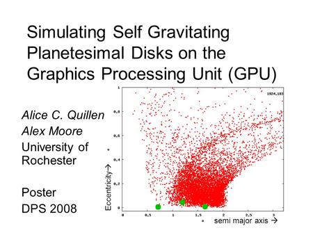 Simulating Self Gravitating Planetesimal Disks on the Graphics Processing Unit (GPU) Alice C. Quillen Alex Moore University of Rochester Poster DPS 2008.