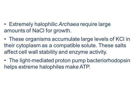 Extremely halophilic Archaea require large amounts of NaCl for growth. These organisms accumulate large levels of KCl in their cytoplasm as a compatible.