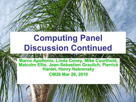 Computing Panel Discussion Continued Marco Apollonio, Linda Coney, Mike Courthold, Malcolm Ellis, Jean-Sebastien Graulich, Pierrick Hanlet, Henry Nebrensky.