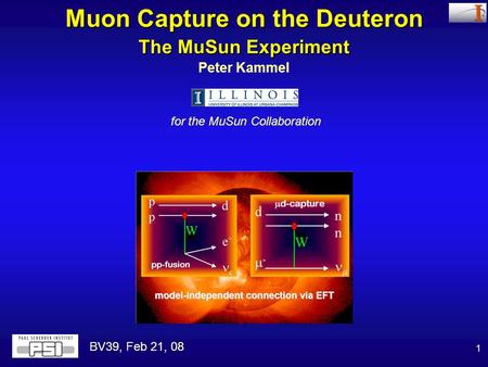 1 Peter Kammel for the MuSun Collaboration Muon Capture on the Deuteron The MuSun Experiment BV39, Feb 21, 08.