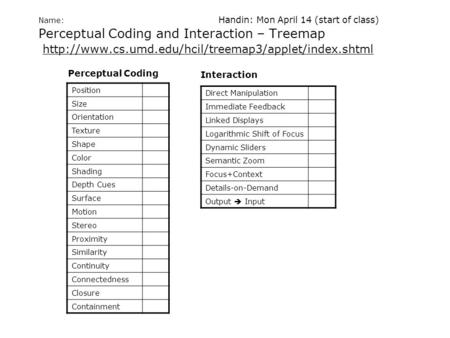 Name: Handin: Mon April 14 (start of class) Perceptual Coding and Interaction – Treemap