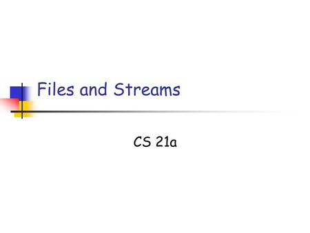 Files and Streams CS 21a. 10/02/05 L18: Files Slide 2 Copyright 2005, by the authors of these slides, and Ateneo de Manila University. All rights reserved.