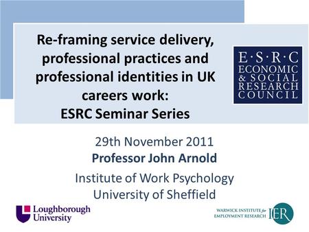 29th November 2011 Professor John Arnold Institute of Work Psychology University of Sheffield Re-framing service delivery, professional practices and professional.