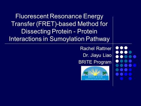 Fluorescent Resonance Energy Transfer (FRET)-based Method for Dissecting Protein - Protein Interactions in Sumoylation Pathway Rachel Rattner Dr. Jiayu.