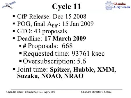 Chandra Users’ Committee, 6-7 Apr 2009 Chandra Director’s Office Cycle 11  CfP Release: Dec 15 2008  POG, final A Eff : 15 Jan 2009  GTO: 43 proposals.