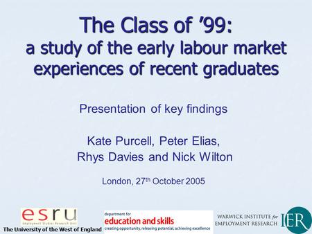 Presentation of key findings Kate Purcell, Peter Elias, Rhys Davies and Nick Wilton London, 27 th October 2005 The Class of ’99: a study of the early labour.