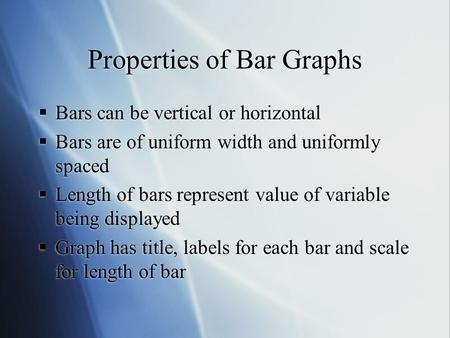 Properties of Bar Graphs  Bars can be vertical or horizontal  Bars are of uniform width and uniformly spaced  Length of bars represent value of variable.