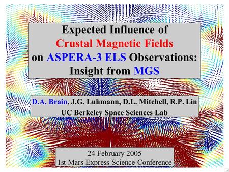 Expected Influence of Crustal Magnetic Fields on ASPERA-3 ELS Observations: Insight from MGS D.A. Brain, J.G. Luhmann, D.L. Mitchell, R.P. Lin UC Berkeley.