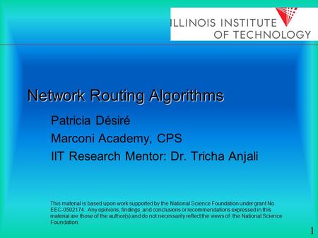Network Routing Algorithms Patricia Désiré Marconi Academy, CPS IIT Research Mentor: Dr. Tricha Anjali This material is based upon work supported by the.