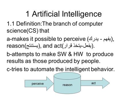 1 Artificial Intelligence 1.1 Definition:The branch of computer science(CS) that a-makes it possible to perceive (يفهم - يدرك), reason(يستنتج), and act(يفعل-يتخذ.
