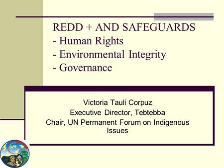 REDD + AND SAFEGUARDS - Human Rights - Environmental Integrity - Governance Victoria Tauli Corpuz Executive Director, Tebtebba Chair, UN Permanent Forum.