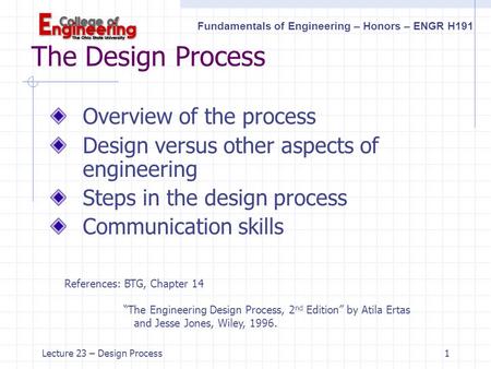 Fundamentals of Engineering – Honors – ENGR H191 Lecture 23 – Design Process1 The Design Process Overview of the process Design versus other aspects of.
