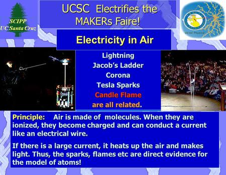 UCSC Electrifies the MAKERs Faire! UCSC Electrifies the MAKERs Faire! SCIPP UC Santa Cruz Lightning Jacob’s Ladder Corona Tesla Sparks Candle Flame are.