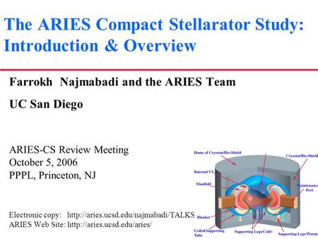 The ARIES Compact Stellarator Study: Introduction & Overview Farrokh Najmabadi and the ARIES Team UC San Diego ARIES-CS Review Meeting October 5, 2006.