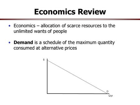 $ D Q/yr Economics Review Economics – allocation of scarce resources to the unlimited wants of people Demand is a schedule of the maximum quantity consumed.