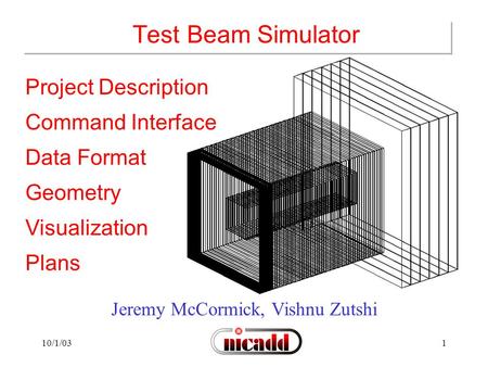 10/1/031 Jeremy McCormick, Vishnu Zutshi Project Description Command Interface Data Format Geometry Visualization Plans Test Beam Simulator.