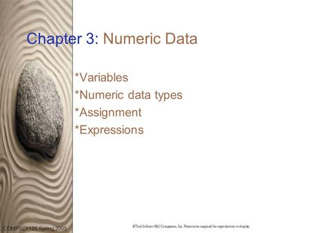 COMPSCI 125 Spring 2005 ©TheMcGraw-Hill Companies, Inc. Permission required for reproduction or display. Chapter 3: Numeric Data *Variables *Numeric data.