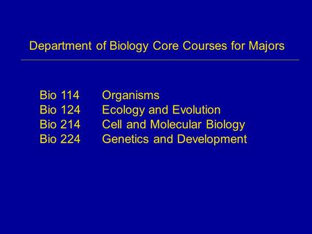 Department of Biology Core Courses for Majors Bio 114Organisms Bio 124Ecology and Evolution Bio 214Cell and Molecular Biology Bio 224Genetics and Development.