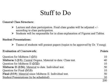 Stuff to Do. Midterm I questions due 1/31 Email me your question (with answers), –if you have the capability, mail complete questions, figures, etc. and.