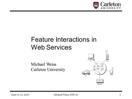 June 11-13, 2003Michael Weiss, FIW 031 Feature Interactions in Web Services Michael Weiss Carleton University.