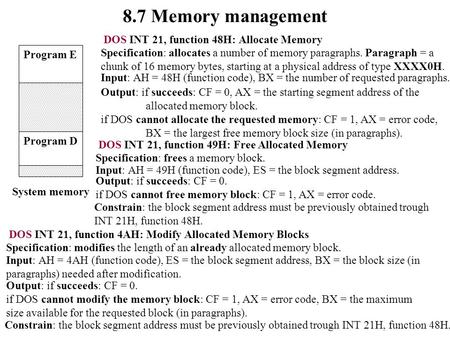 8.7 Memory management Program E Program D System memory DOS INT 21, function 48H: Allocate Memory Specification: allocates a number of memory paragraphs.