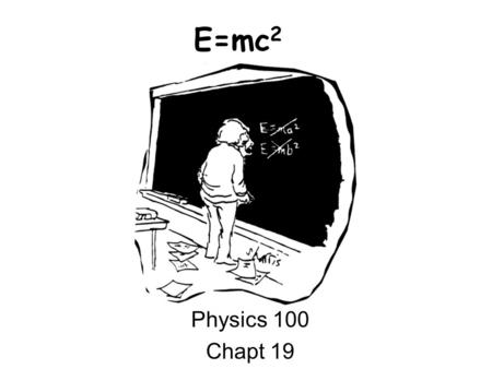 E=mc 2 Physics 100 Chapt 19. Einstein’s hypotheses: 1. The laws of nature are equally valid in every inertial reference frame. 2. The speed of light in.
