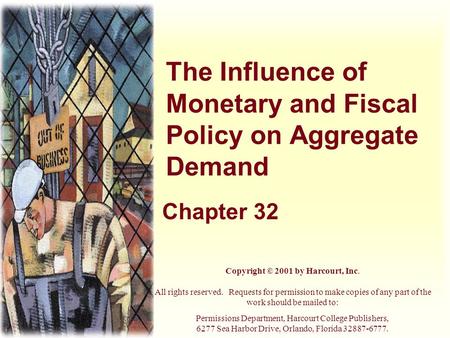 The Influence of Monetary and Fiscal Policy on Aggregate Demand Chapter 32 Copyright © 2001 by Harcourt, Inc. All rights reserved. Requests for permission.
