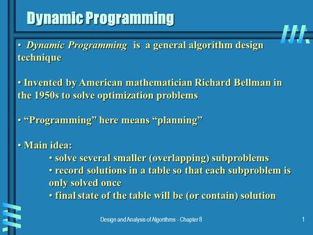 Design and Analysis of Algorithms - Chapter 81 Dynamic Programming Dynamic Programming is a general algorithm design technique Dynamic Programming is a.