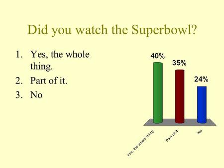 Did you watch the Superbowl? 1.Yes, the whole thing. 2.Part of it. 3.No.