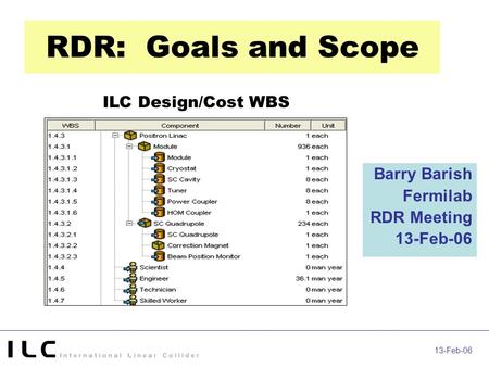 13-Feb-06 RDR: Goals and Scope Barry Barish Fermilab RDR Meeting 13-Feb-06 ILC Design/Cost WBS.