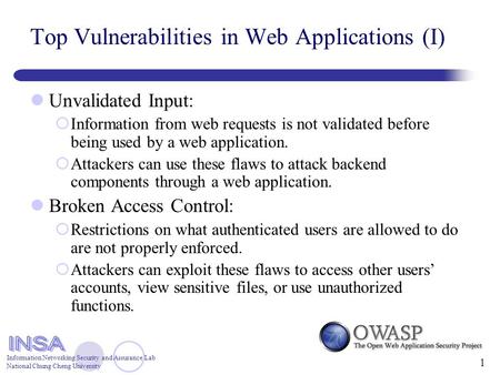 Information Networking Security and Assurance Lab National Chung Cheng University 1 Top Vulnerabilities in Web Applications (I) Unvalidated Input:  Information.