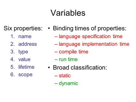 Variables Six properties: Binding times of properties: