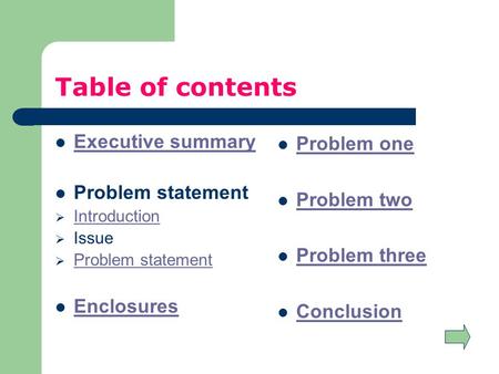 Table of contents Executive summary Problem statement  Introduction Introduction  Issue  Problem statement Problem statement Enclosures Problem one.