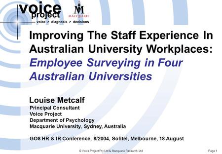 Page 1© Voice Project Pty Ltd & Macquarie Research Ltd Improving The Staff Experience In Australian University Workplaces: Employee Surveying in Four Australian.