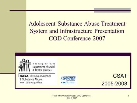 Youth Infrastructure Project - COD Conference Oct 2, 2007 1 CSAT 2005-2008 Adolescent Substance Abuse Treatment System and Infrastructure Presentation.