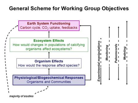 General Scheme for Working Group Objectives Physiological/Biogeochemical Responses Organisms and Communities Ecosystem Effects How would changes in populations.
