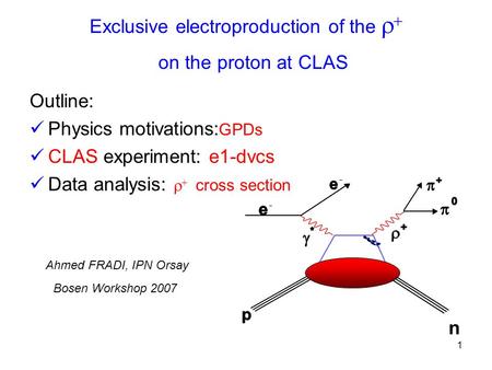 1 Exclusive electroproduction of the    on the proton at CLAS  Outline: Physics motivations: GPDs CLAS experiment: e1-dvcs Data analysis:   cross.