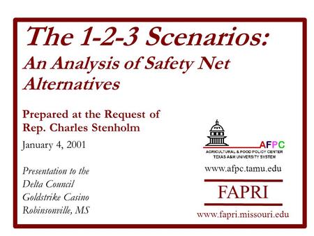 The 1-2-3 Scenarios: An Analysis of Safety Net Alternatives Prepared at the Request of Rep. Charles Stenholm January 4, 2001 Presentation to the Delta.