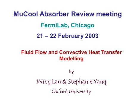 MuCool Absorber Review meeting FermiLab, Chicago 21 – 22 February 2003 Fluid Flow and Convective Heat Transfer Modelling by Wing Lau & Stephanie Yang Oxford.