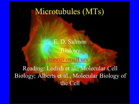 Microtubules (MTs) E. D. Salmon Biology Reading: Lodish et al., Molecular Cell Biology; Alberts et al., Molecular Biology of the.