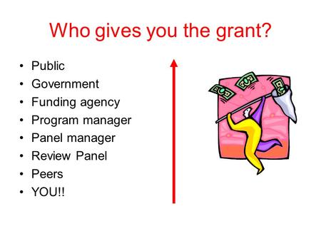 Who gives you the grant? Public Government Funding agency Program manager Panel manager Review Panel Peers YOU!!