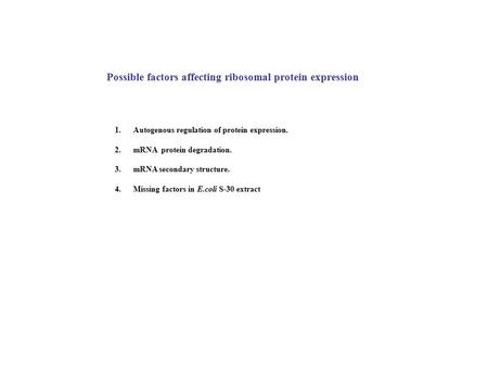 Possible factors affecting ribosomal protein expression 1.Autogenous regulation of protein expression. 2.mRNA protein degradation. 3.mRNA secondary structure.