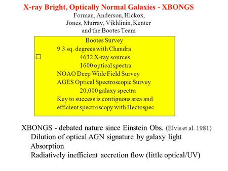 X-ray Bright, Optically Normal Galaxies - XBONGS Forman, Anderson, Hickox, Jones, Murray, Vikhlinin, Kenter and the Bootes Team Bootes Survey 9.3 sq. degrees.