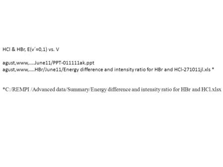 HCl & HBr, E(v´=0,1) vs. V agust,www,....June11/PPT-011111ak.ppt agust,www,....HBr/June11/Energy difference and intensity ratio for HBr and HCl-271011jl.xls.