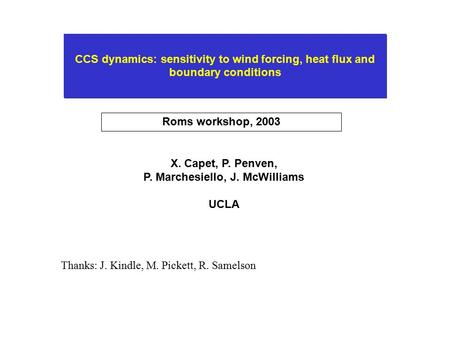 CCS dynamics: sensitivity to wind forcing, heat flux and boundary conditions Roms workshop, 2003 X. Capet, P. Penven, P. Marchesiello, J. McWilliams UCLA.