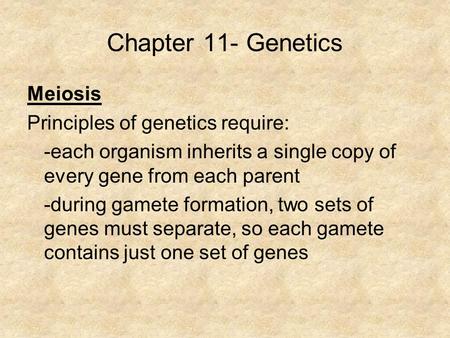 Chapter 11- Genetics Meiosis Principles of genetics require: -each organism inherits a single copy of every gene from each parent -during gamete formation,