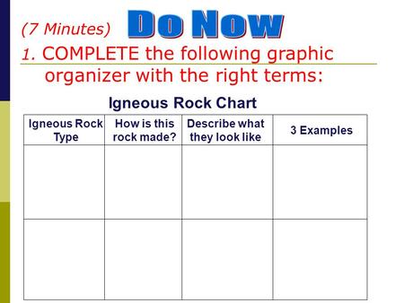 (7 Minutes) 1. COMPLETE the following graphic organizer with the right terms: Igneous Rock Type How is this rock made? 3 Examples Describe what they look.