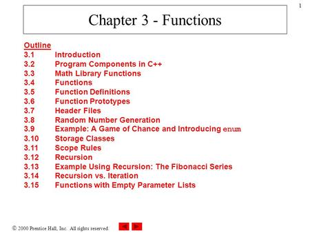  2000 Prentice Hall, Inc. All rights reserved. 1 Chapter 3 - Functions Outline 3.1Introduction 3.2Program Components in C++ 3.3Math Library Functions.
