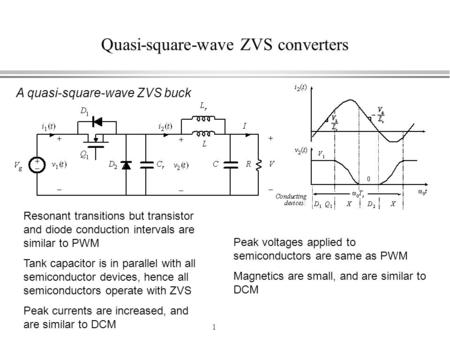 1 Quasi-square-wave ZVS converters A quasi-square-wave ZVS buck Resonant transitions but transistor and diode conduction intervals are similar to PWM Tank.