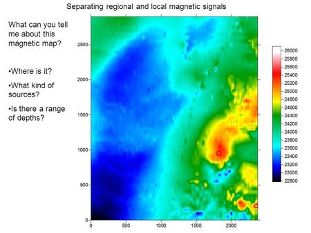 Separating regional and local magnetic signals What can you tell me about this magnetic map? Where is it? What kind of sources? Is there a range of depths?